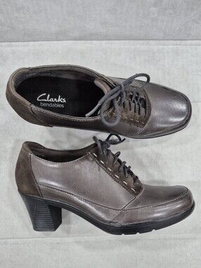 Clarks Bendables shoes heels women's 8M gray-brown leather suede accents Oxford